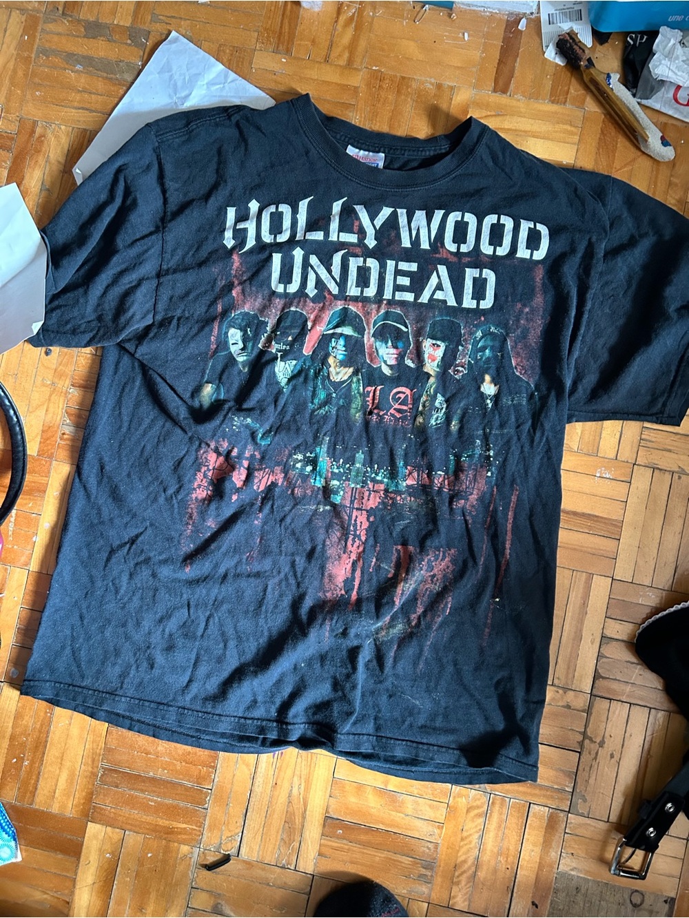 Hanes Black Graphic Heavyweight Tee with Red & Blue Label
